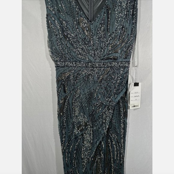 NWT $598 Mac Duggal [ 12 ] Intricate Beaded V-Neck High Slit Gown Charcoal #Q565 - Picture 7 of 16